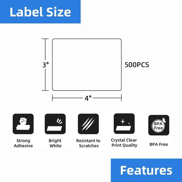 100×75 mm 4×3 Inch Label Roll Direct Thermal DT Barcode | 500 Stickers per Roll